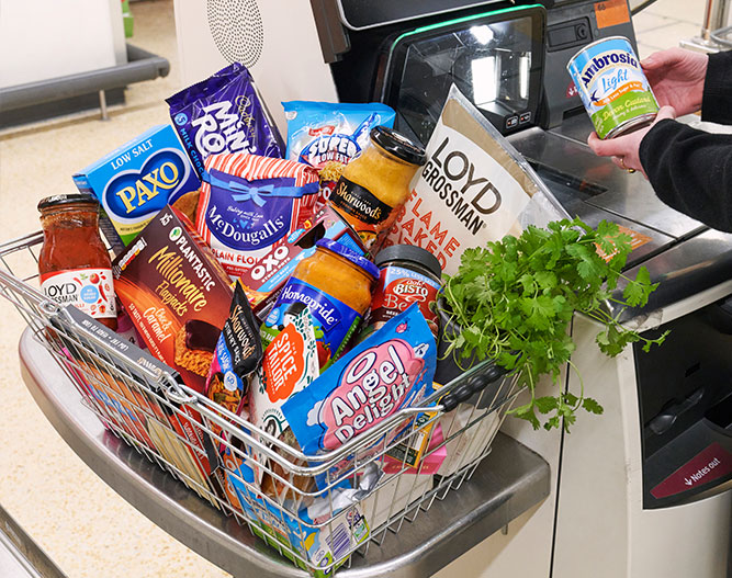 Premier Food brands in basket being bought